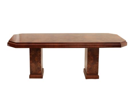  Art Decco burr walnut veneered two pedestal dining table, the well figured top with canted corners, 214cm L x 93cm W x 81cm 