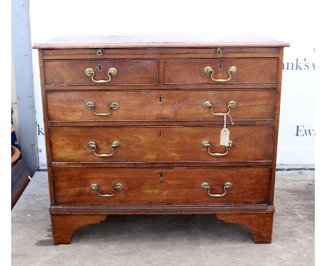 19th century mahogany chest of drawers with brushing slide over two short and three long graduated drawers on bracket feet, h