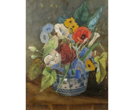 Hannah Barlow (1851-1916), Wild flowers in a blue and white bowl, watercolour, signed with a monogram and dated 1882, 40cm x 