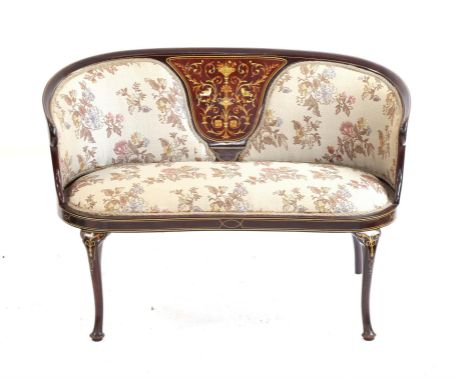 AMENDED DESCRIPTION Early 20th century marquetry inlaid mahogany salon suite, to include settee and four side chairs, two mus