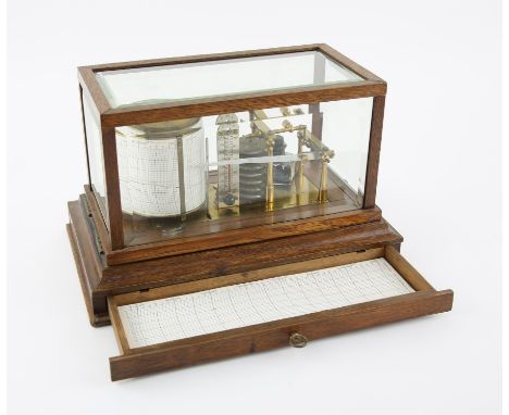 Oak cased barograph signed Negretti & Zambra, London on the brass bed plate, also fitted with a thermometer, within a bevelle