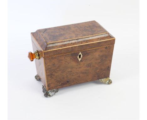 Late 19th century burr walnut and boxwood strung tea caddy, with two lidded compartments, on lion paw feet, h15.5cm w25cm d11