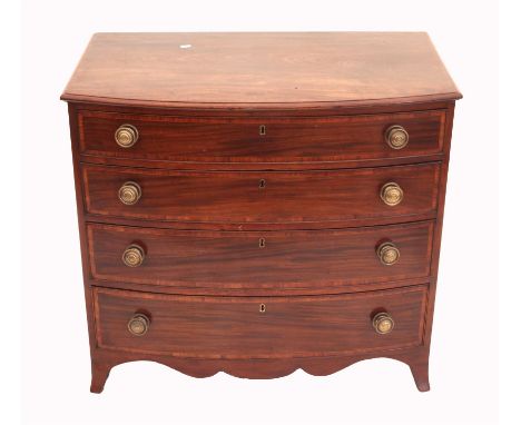 19th century mahogany bow-fronted chest of four long graduated drawers, with rosewood cross-banding, on slightly splayed brac