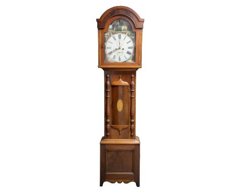 19th century Scottish eight day longcase clock, the painted arched dial decorated with female agricultural workers representi