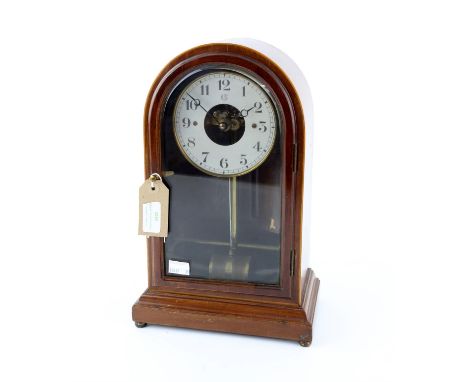 Early 20th century mahogany cased Boulle electric clock, battery operated, 4.5 inch silvered Arabic chapter ring, in boxwood-