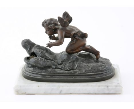 Early 20th century small French spelter figural table lamp cast with a kneeling cupid on white marble base, H13cm x W21cm x D