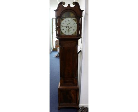 Late 18th / early 19th century Scottish mahogany longcase clock, the painted arched dial signed John Mackie, Strichen, the di