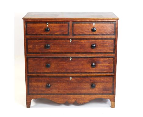 19th century mahogany straight front chest of two short over three long graduating drawers, the drawers with crossbanding, on