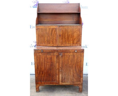 19th century mahogany waterfall bookcase cabinet with open shelves over cupboard enclosing shelf and two drawers over brushin