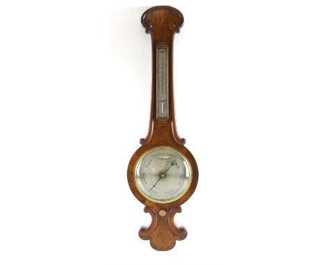 Walnut Mercurial wheel barometer with silvered dial and thermometer gauge 93cm high 