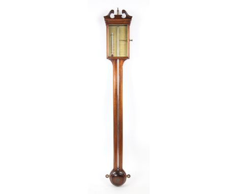 George III style mahogany stick barometer by Thomas Wright, with thermometer, barometer and sliding brass scale, having vacan