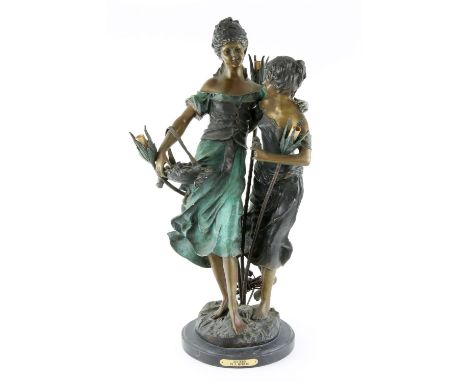 Early 20th century spelter figural lamp "Sisters" after A. Moreau, H77cm