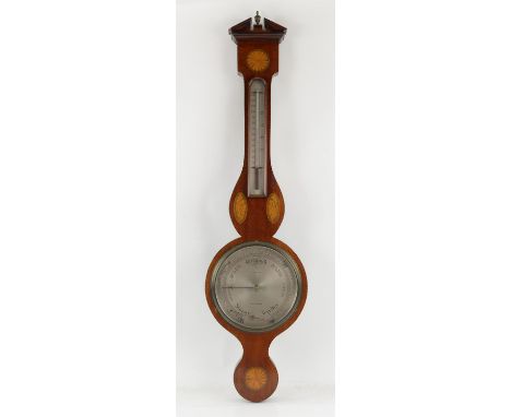 Early 20th century Sheraton Revival inlaid mahogany banjo barometer, with fan and shell marquetry inlaid patera, silvered bar