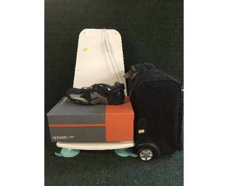 An electric bath seat together with a cabin bag together with boxed Patrick football boots, Viewsonic projector etc