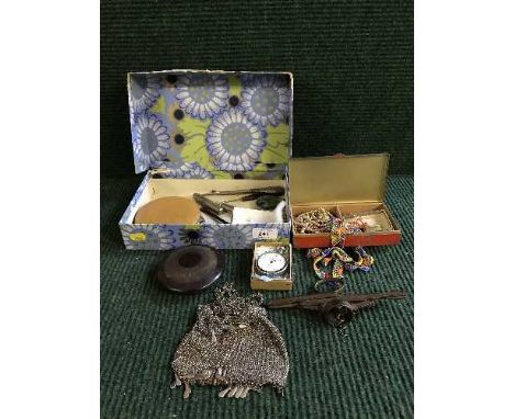 A box of chain purse, silver handled button hook, vintage bottle opener, stop watch, celtic brooch, continental bracelet etc.