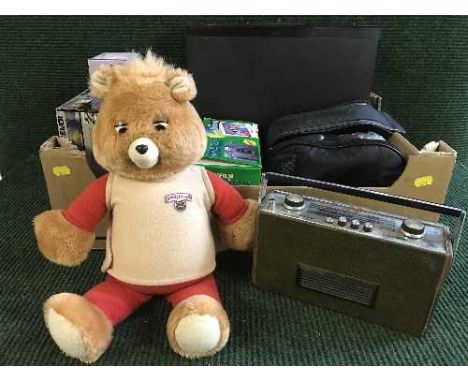 Two boxes of Pioneer double deck, Roberts radio, camera, site light, Teddy Ruxspin toy