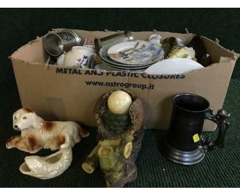 Three boxes of china, glass, ginger jars, tankards, two Wade barrels, ornaments etc 