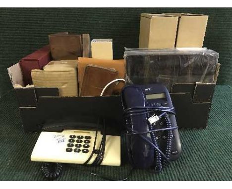 Two boxes of projector, vintage cricket bat, assorted telephones, mahogany box, slides etc.