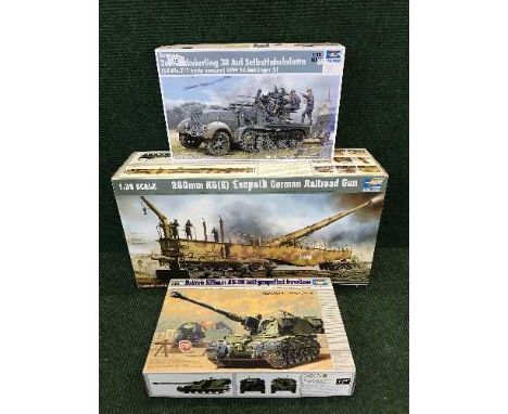 Three boxed Trumpeter plastic modelling kits - German Rail Road Gun, British 155mm AS-90 self propelled Howitzer, etc (all 13