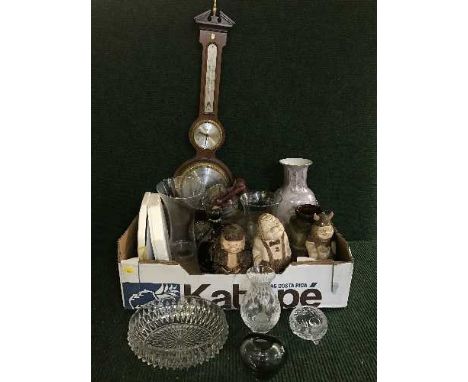 Two boxes of West German vase, pair of Egyptian style table lamps, banjo barometer, collector's plates, glass vase, decanter,