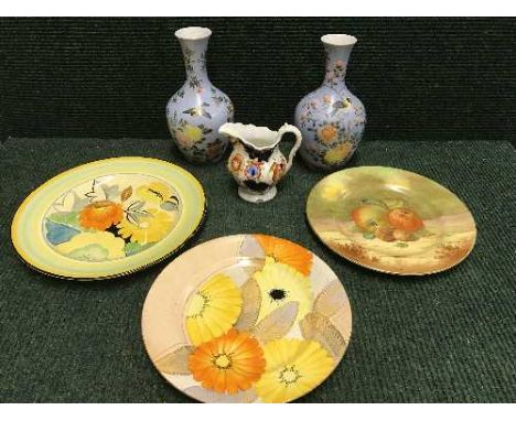 A tray of pair of early 20th century pottery vases, lustre jug and three hand painted plates by Royal Winton and two Grays Po