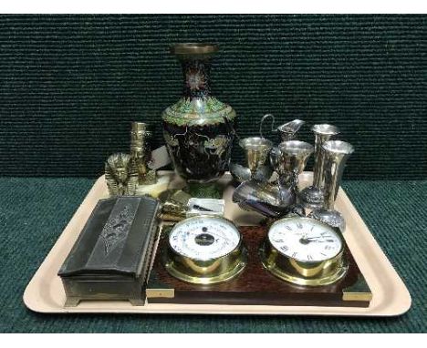 A tray of Cloissone vase, pair of brass Egyptian busts on marble stands, plated ware, wall clock, barometer, metal cigarette 