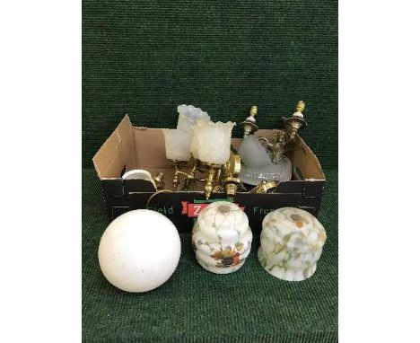 A good collection of lights and lighting items to include ceiling globe, Deco style twin branch wall lights, gilt metal wall 