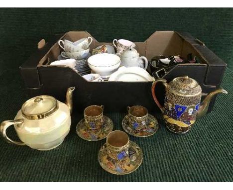 Two boxes of assorted tea china, tea sets, Crown Ducal teapot on stand, sugar basin and milk jug, glass ware etc 