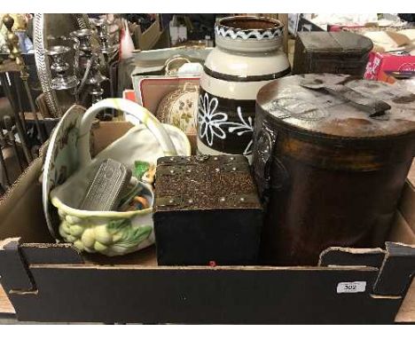 Box of storage boxes, West German stick stand, an Adams ware hand painted plate, together with assorted china and brass compa