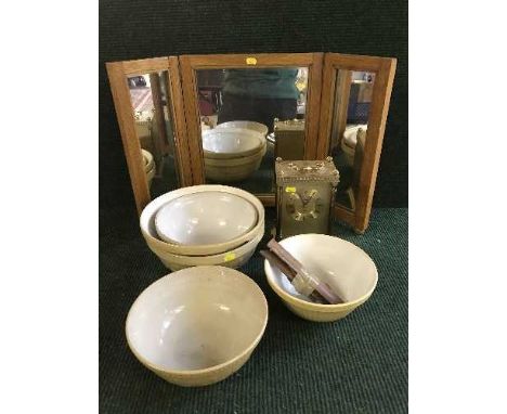 A folding oak triple dressing table mirror together with two Victorian mahogany mirrors, five graduated kitchen mixing bowls,