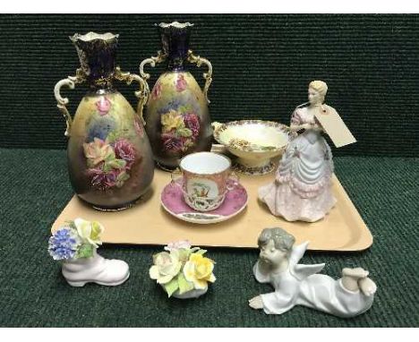 A tray of pair of transfer printed vases, Maling twin handled comport, Coalport age of elegance figure, Lladro cherub figure 