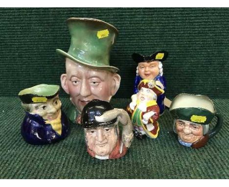 Two Royal Doulton character jugs - Toby Philpots and Gone Away, Beswick character jug Mr Micawber and three others (6)