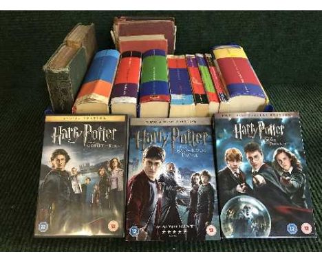 A basket of Harry Potter hard backed and paper backed books, some first editions, Harry pottery dvds and four antiquarian boo