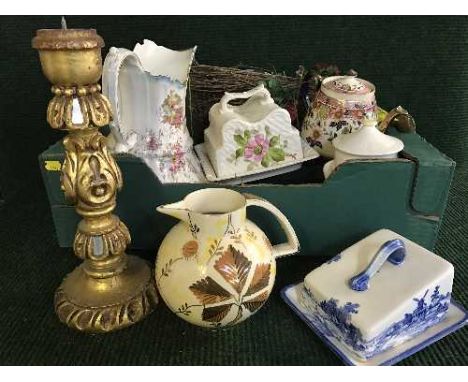 A box of early twentieth century pottery including toilet jug, cheese dish and covers, English teapot, Sylvac caddy etc