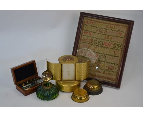 A 1950s design gilt-brass ImHof novelty clock/cigarette dispenser with musical automaton doors, 16 cm high to/w a German Art 