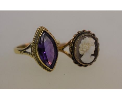 Two rings - a 9ct yellow old ring set with elliptical amethyst with bead edge decoration and open shoulders, size L/M, approx