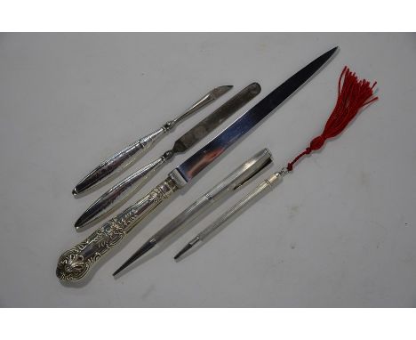 A silver 'Yard-O-Led' propelling pencil, Birmingham 1964 to/w a silver handbag-pencil, Birmingham 1983, a paperknife with loa