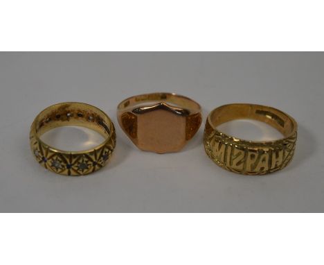 Three rings - 9ct rose gold shield shaped signet ring, size Q; 9ct Mizpah ring; paste-set wedding band (3)