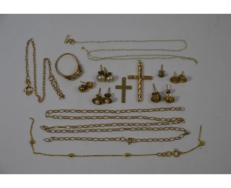 A quantity of 9ct yellow gold chains (all broken) to/w two crosses and various earrings, and a 9ct ring set cubic zirconia, a