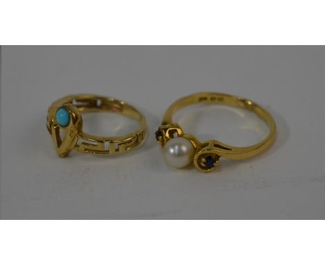 A pearl and sapphire ring set 18ct yellow gold, size M to/w a small yellow metal ring of Greek key design set turquoise, size