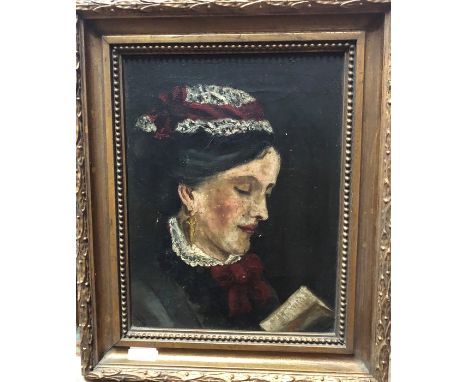 English school - Portrait of a lady reading a book, oil on canvas, 21.5 x 16 cm