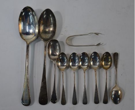 Two OEP silver table spoons, a set of six similar coffee spoons, a teaspoon (a/f) and a pair of sugar tongs (10) 8.1 oz