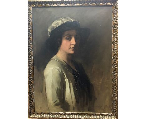 English school - Portrait of a young lady in hat, oil on canvas, signed lower right, 67 x 50 cmSurface crackelure