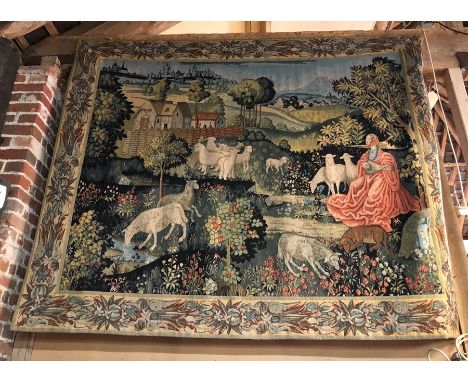 Hines of Oxford, a hand loomed French tapestry wall hanging, a country landscape view with sheep, lined for hanging (as displ