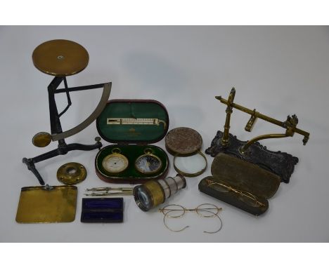 A Negretti &amp; Zambra pocket barometer and compass set to/w a three-drawer pocket telescope, a pair of folding compasses in
