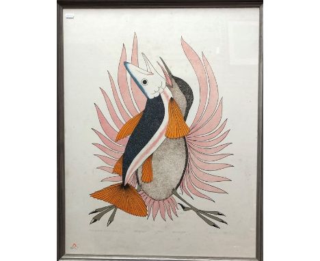 Aoldua (Inuit) - 'Colourful bird and fish',&nbsp; numbered lithograph 26/50, Dorset 1981, signed in pencil and with monograph