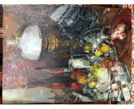 Frank J Walter - Still life with oil lamp and plates of fruit, oil on board, 122 x 91 cm, the reverse with stencilled name an