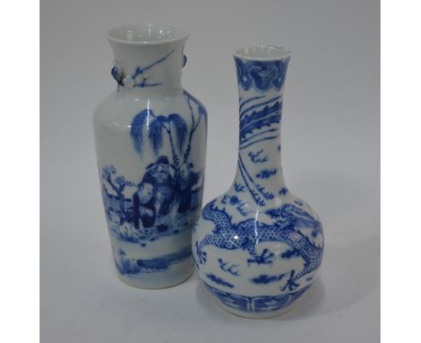 A 20th century Chinese blue and white vase, Ming style, the long cylindrical neck rising from the globular body, painted with