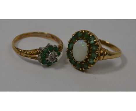 Two 9ct yellow gold rings - one set diamond and emerald cluster, carved shoulders, size L to/w opal and emerald cluster size 