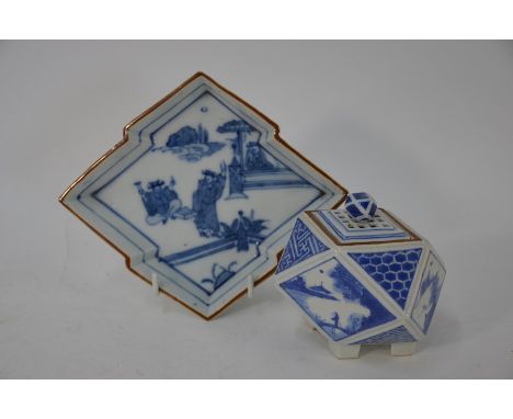A Chinese blue and white polyhedral censer with reticulated cover and bracket feet, painted with landscape scenes in undergla
